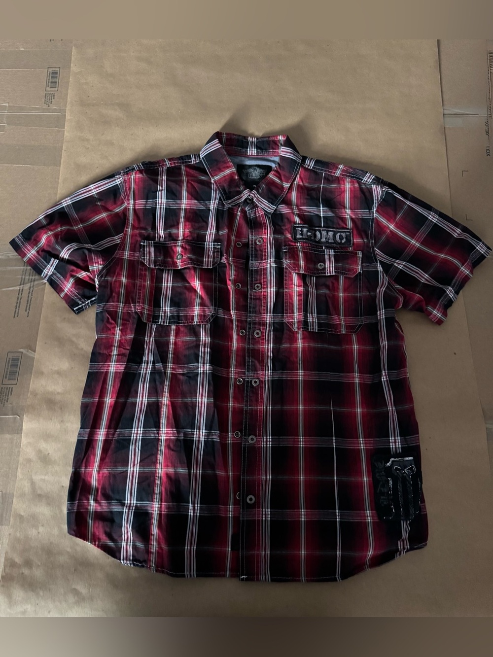 Harley Davidson Y2K XL Red Plaid Short Sleeve Button Up Shirt H-DMC Skull Patch